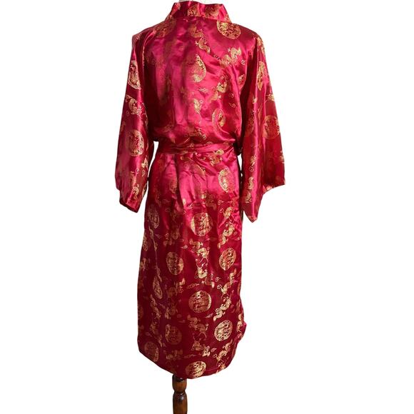Kimono Style Robe Red Gold Dragon All Over Print Long Silk (?)Lounge Asian L - Picture 3 of 13
